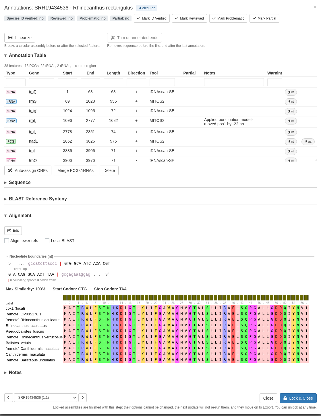 Protein alignment of a gene against its reference hits