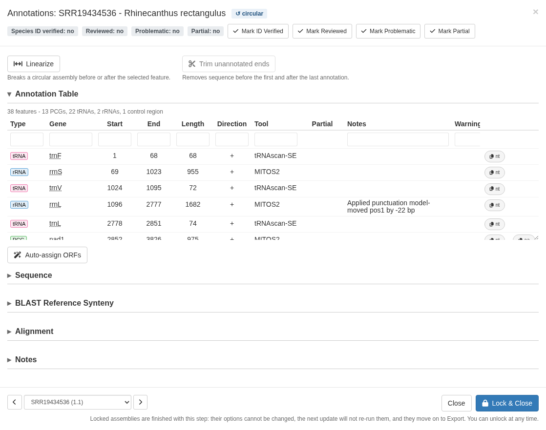 Annotation details window with the gene table