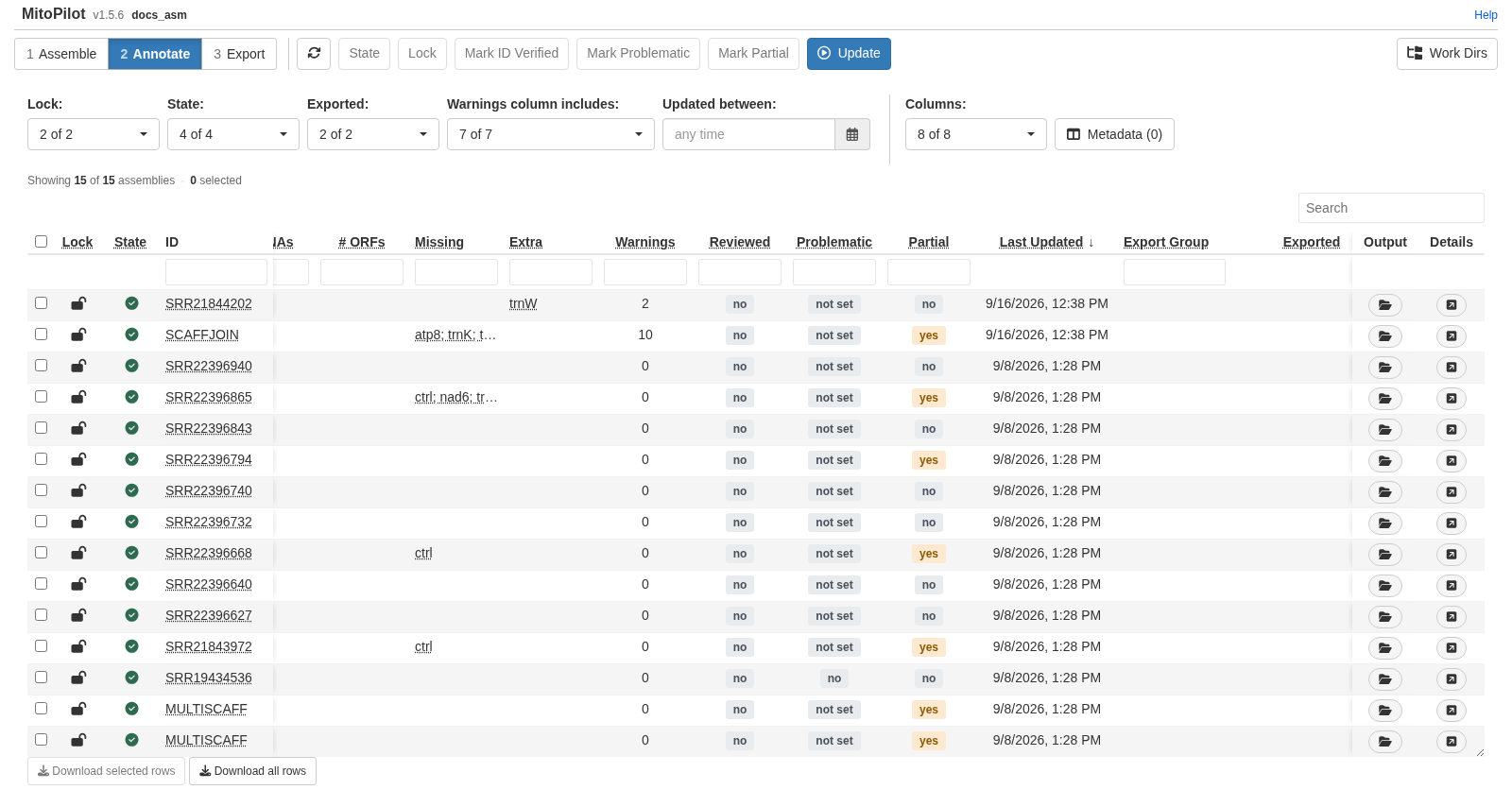 Annotate table showing missing genes, extra genes, and warning counts