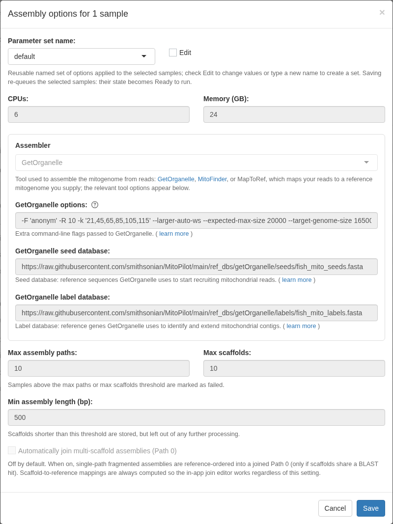 Assembly options window