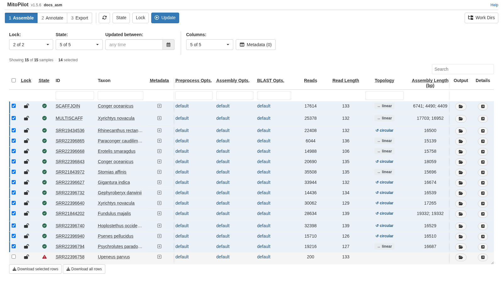 Sample table with successful samples selected for locking