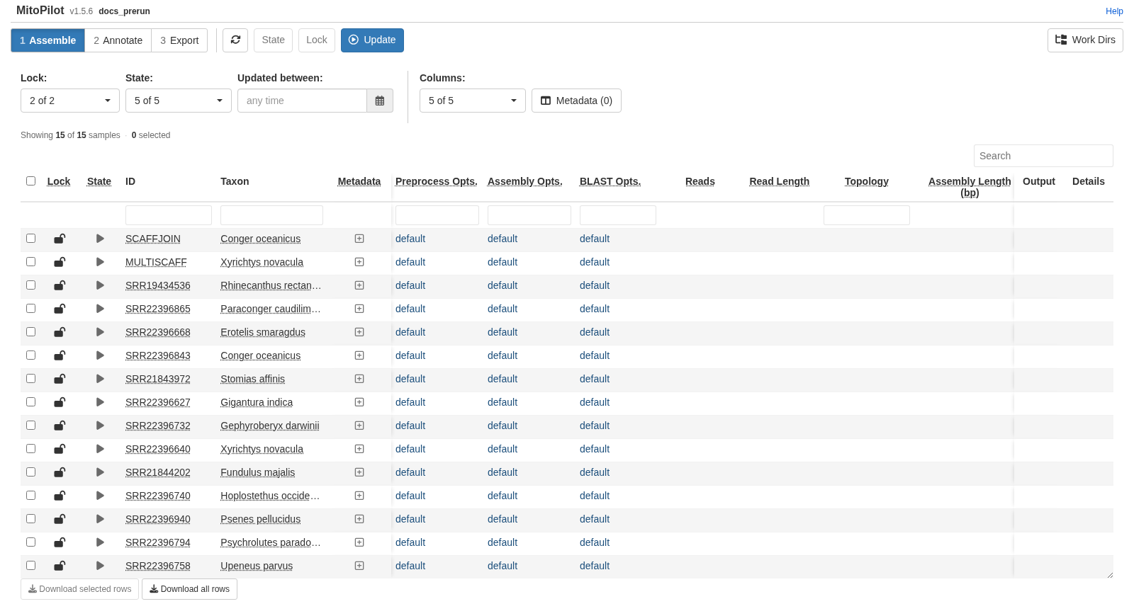 Sample table in the Assemble module before the pipeline has run