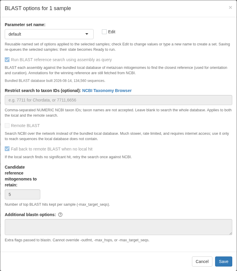 BLAST options window