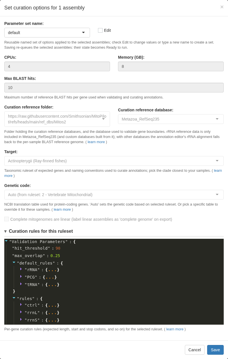 Curation options window showing the taxonomic ruleset