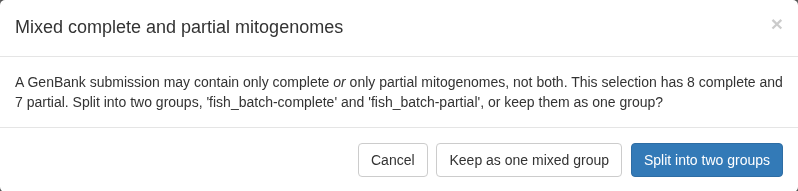 Warning about mixing complete and partial mitogenomes in one group