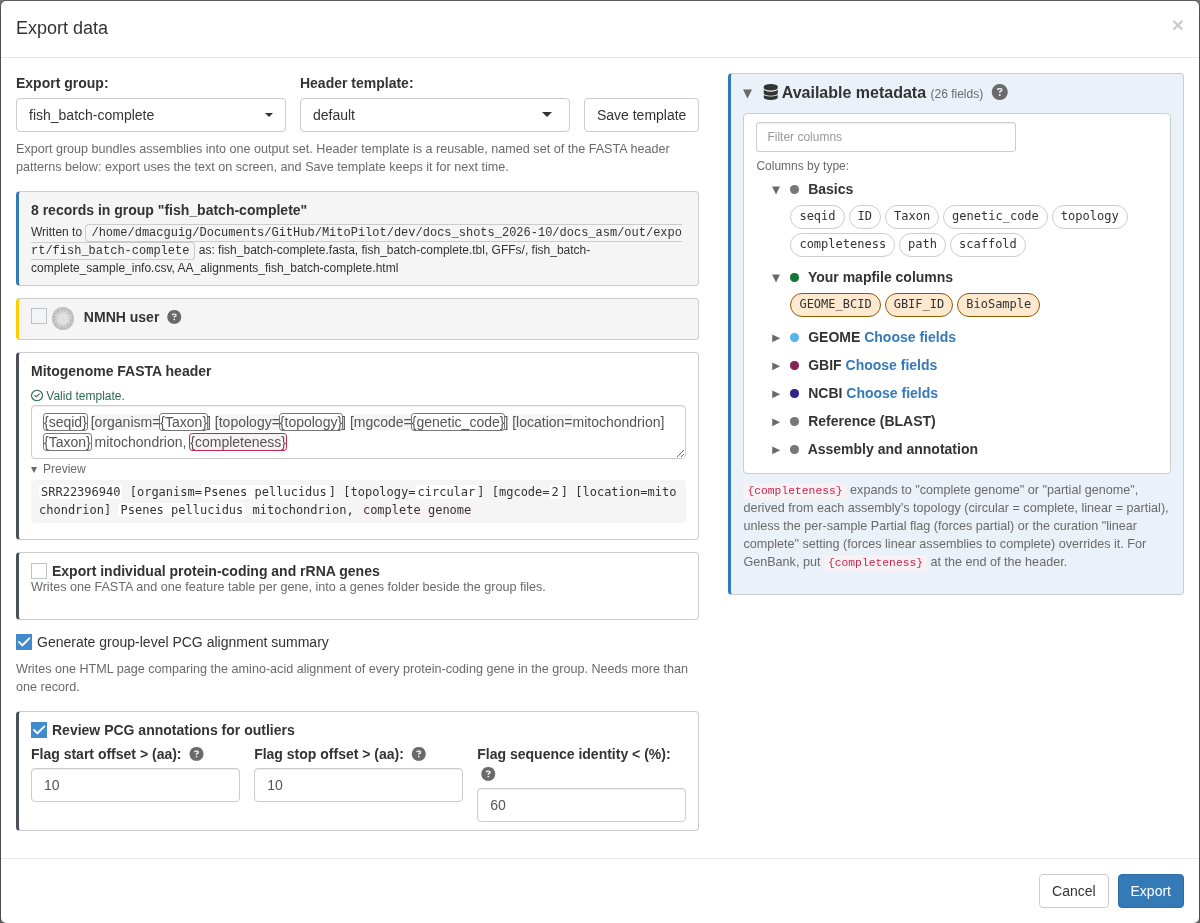 Export Data window with header template and output options
