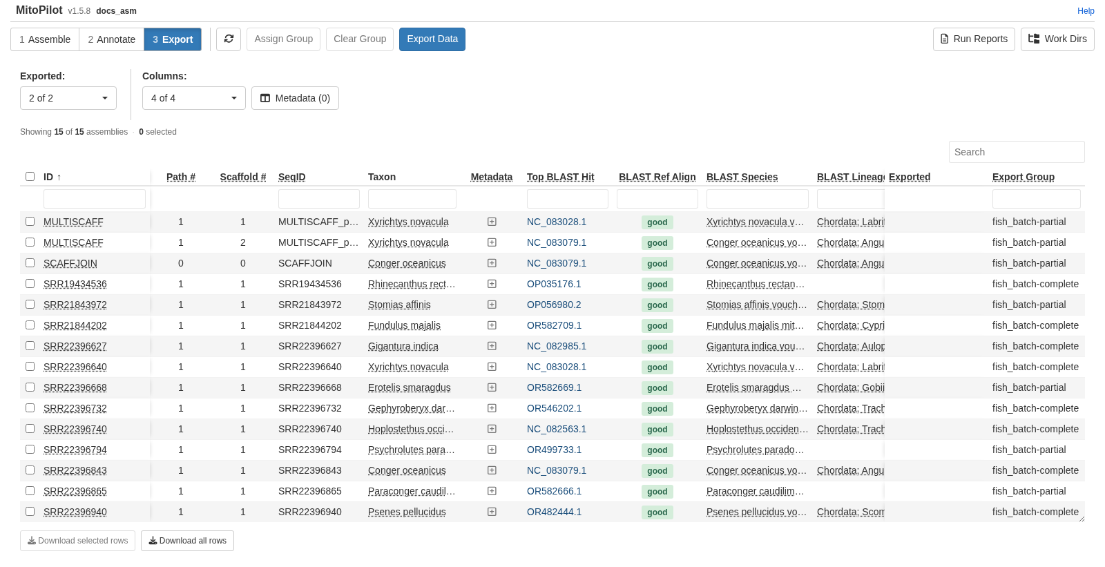 Export table with samples assigned to groups