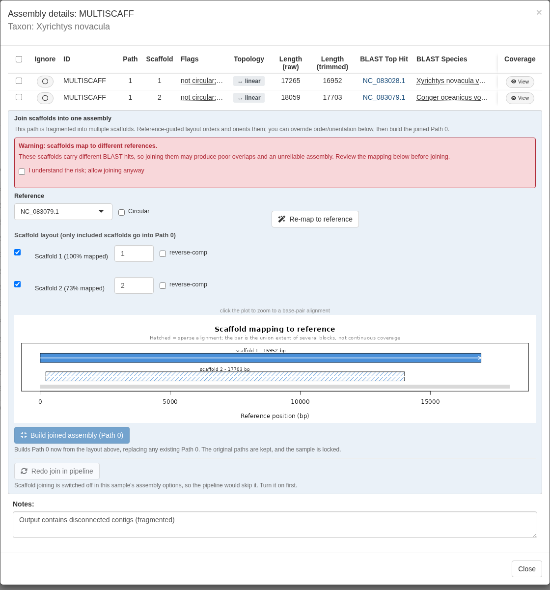 Warning that scaffolds map to different references