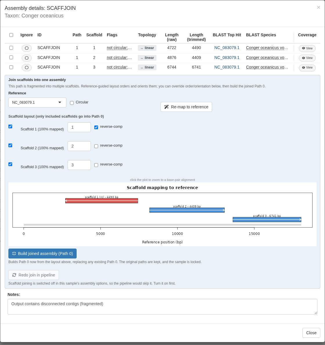 Scaffold join editor showing three scaffolds mapped to one reference