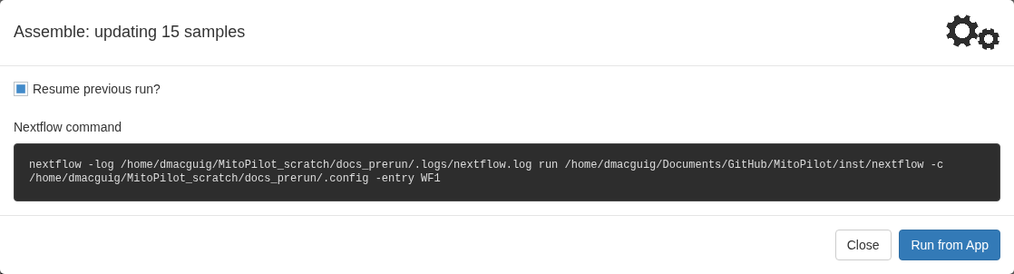 Update window showing the Nextflow command and Run from App button