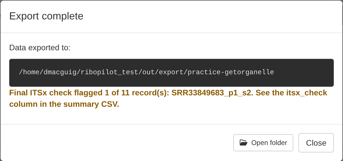 Export summary, with the ITSx counts