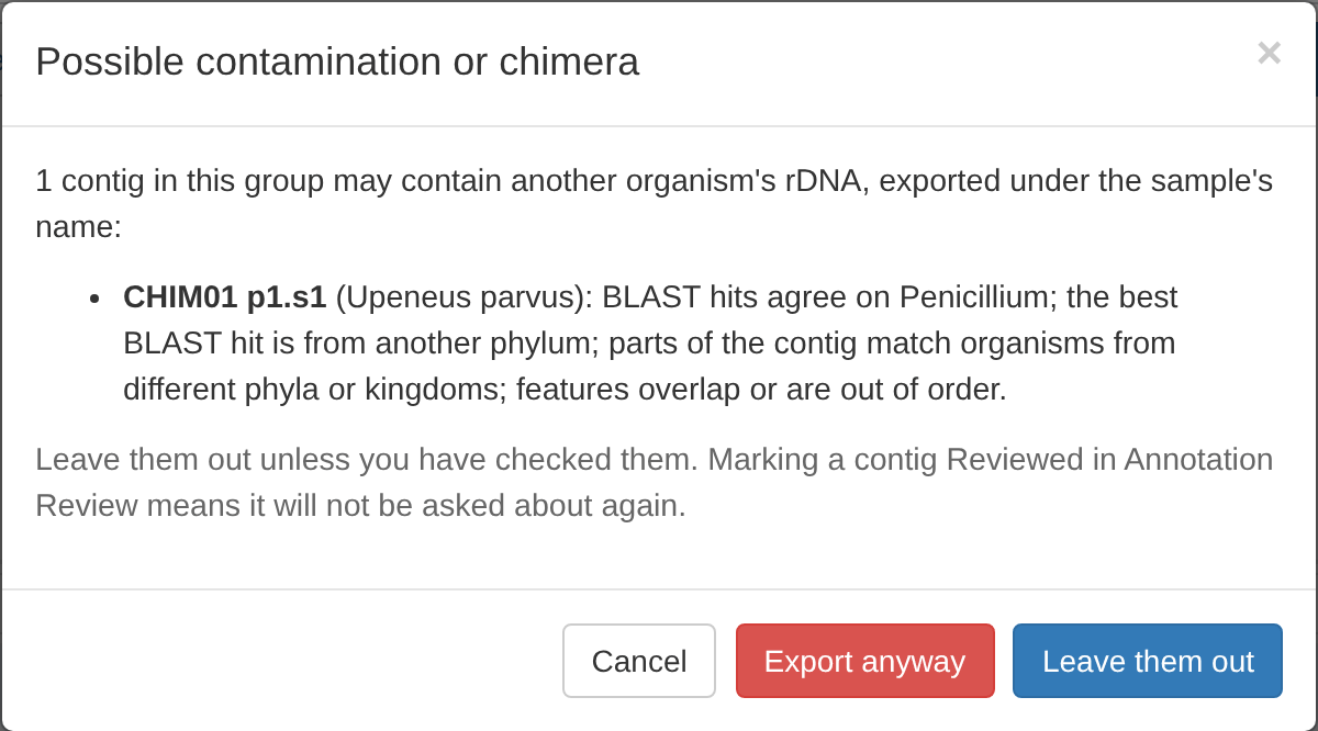 The Export window asking about CHIM01 before it is exported