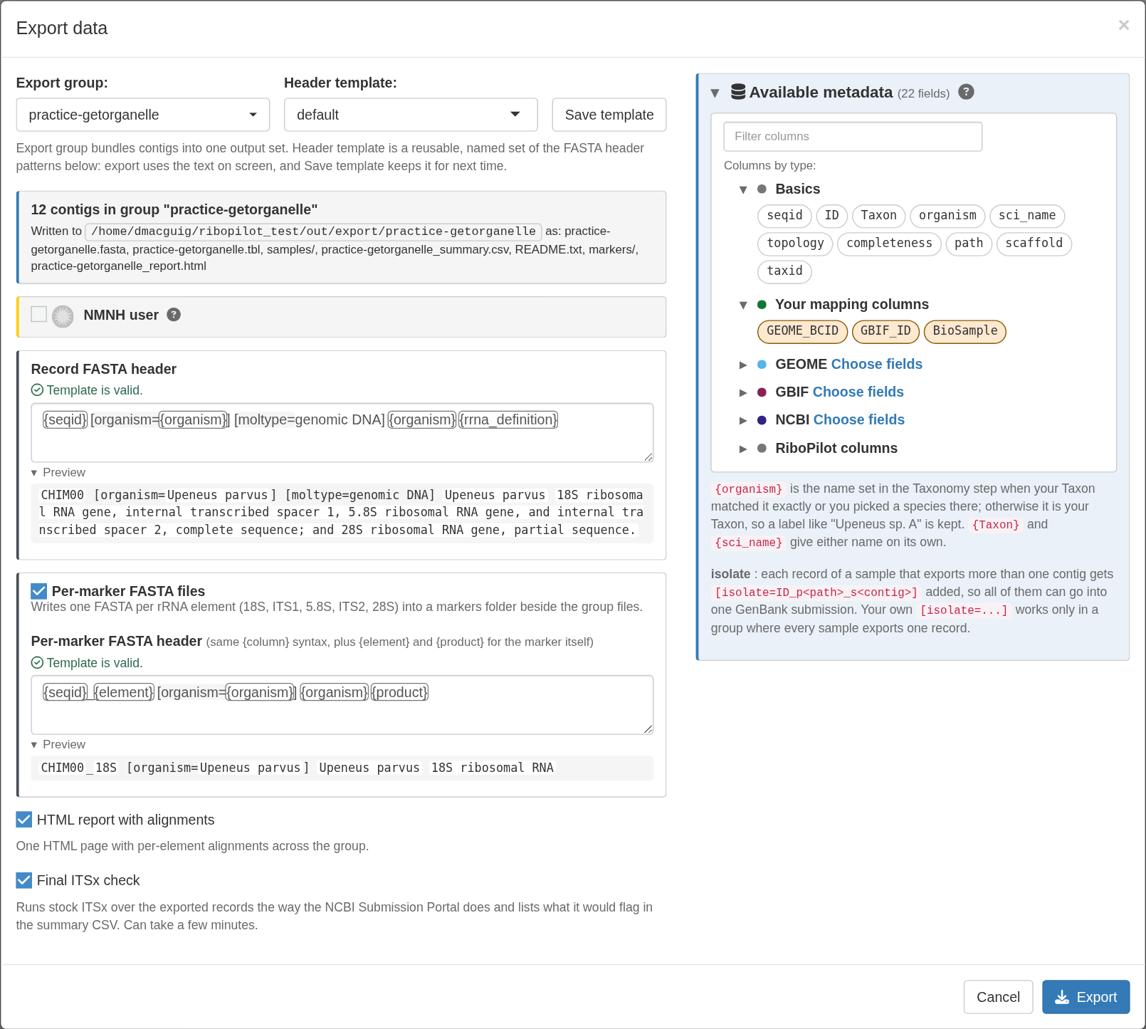 The Export window, with the header template and the files to write