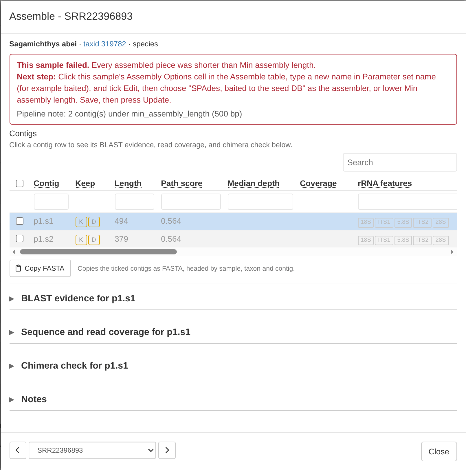 Details of a failed sample, with the reason and the next step