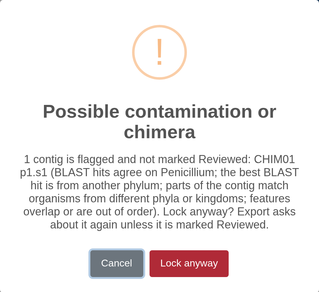 Lock asks about a flagged contig that is not marked Reviewed