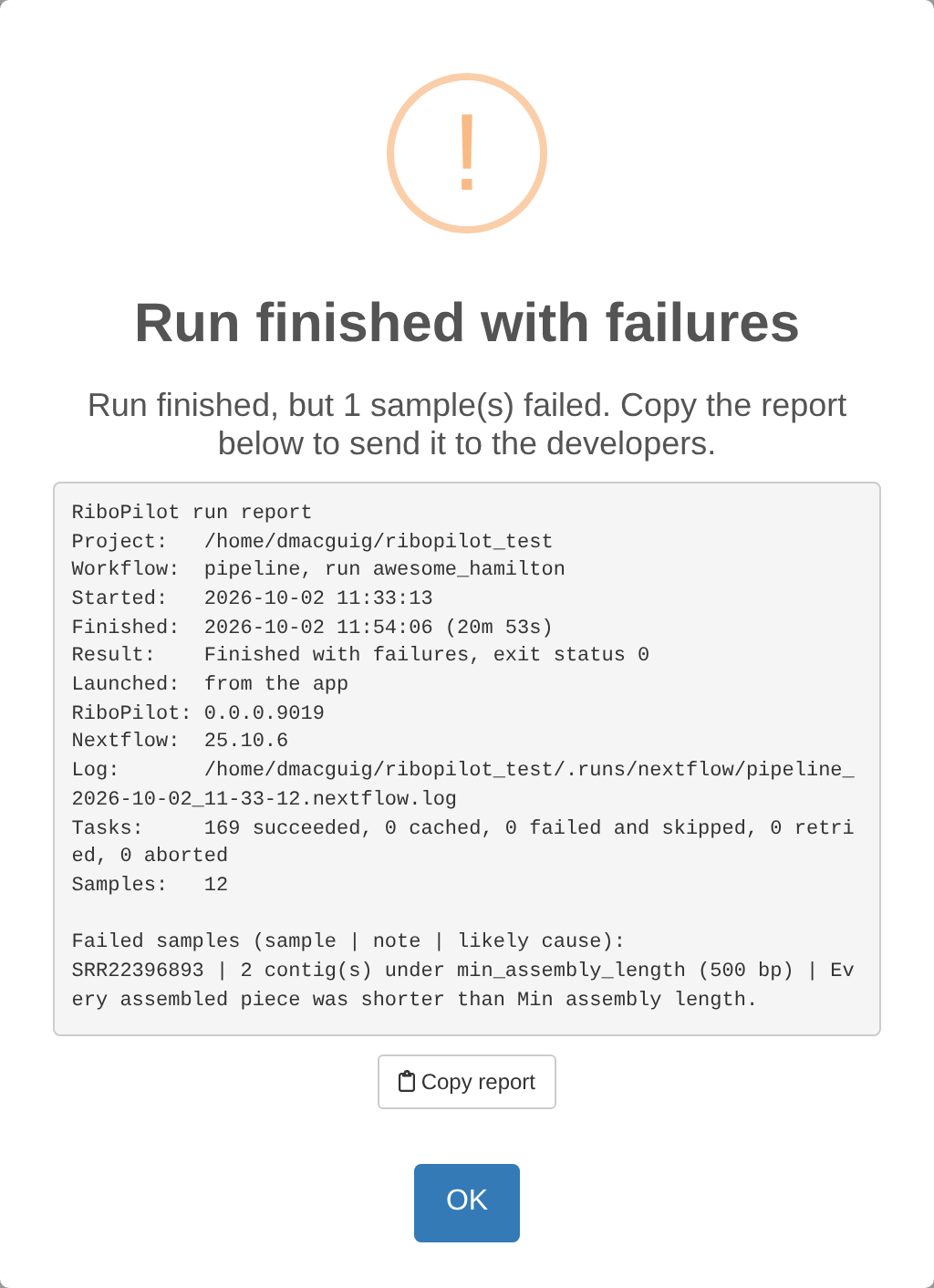 A run report naming the failed sample and its likely cause, with the copy button